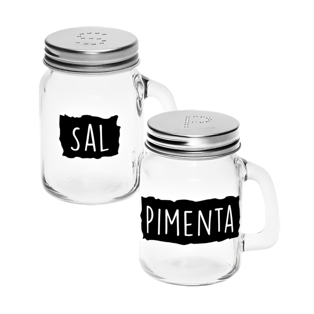 Kit 2 Potes Porta Mantimentos Sal e Pimenta Vidro e Inox Prata