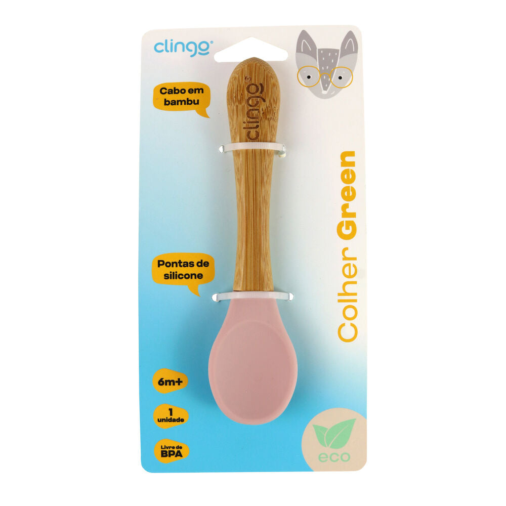 Colher de Bambu e Silicone Rosa para Bebês – Antimicrobiana