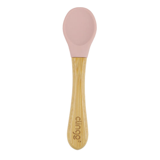 Colher de Bambu e Silicone Rosa para Bebês – Antimicrobiana