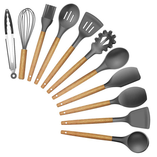 Kit 12 Peças Utensilios de Cozinha Colher Espatula Fue Pincel Cor:Cinza