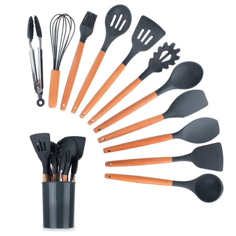 Kit 12 Peças Utensilios de Cozinha Colher Espatula Fue Pincel Cor:Cinza